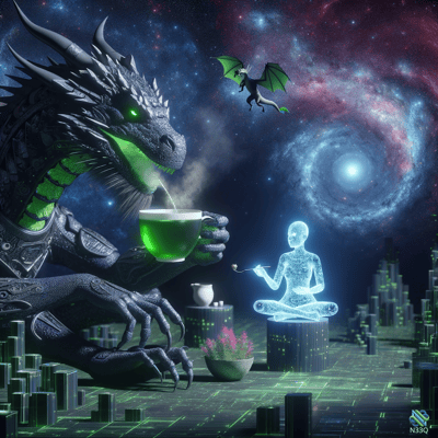 Dragon Sipping Tea Near Glowing Figure in Space
