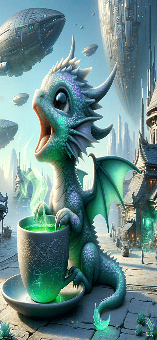 Cute Dragon With Glowing Green Cup In Futuristic City
