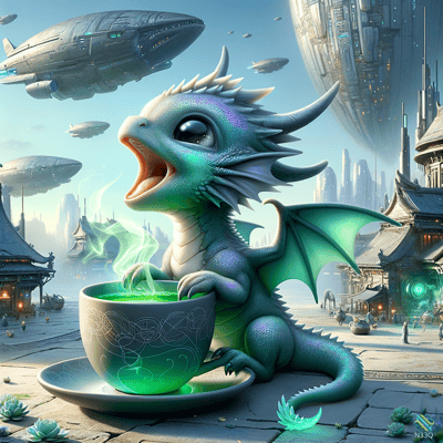 Cute Dragon With Glowing Green Cup In Futuristic City