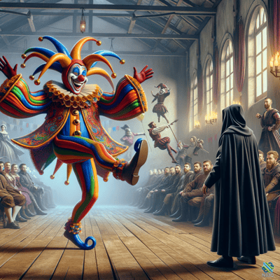 Jester Leaping Before Hooded Figure in Hall