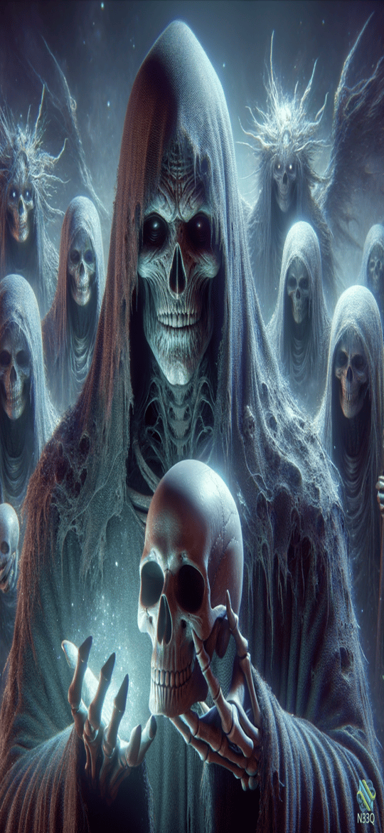 Hooded Skeleton Holding Skull Among Phantoms