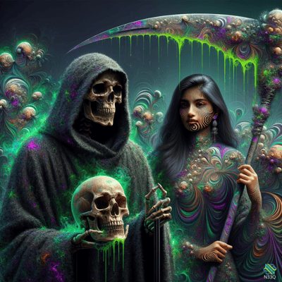 Hooded Skeleton and Woman with Glowing Scythe