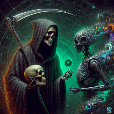 Grim Reaper Meets Glowing Cyborg Skeleton
