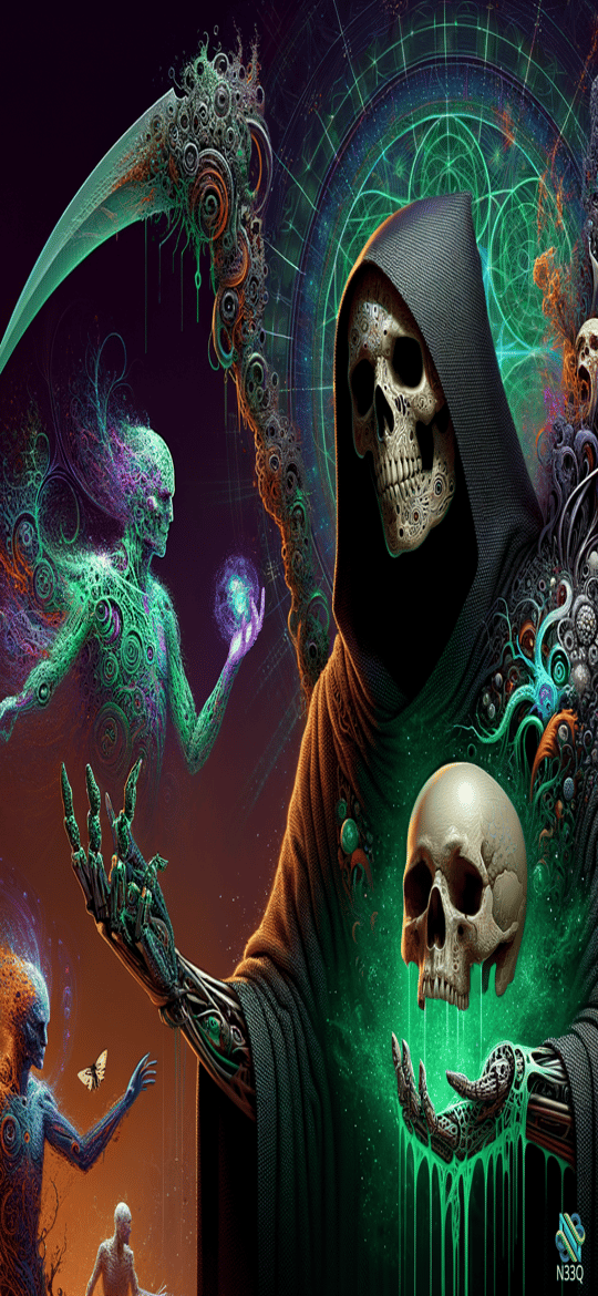 Hooded Reaper with Scythe and Green Skull