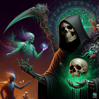 Hooded Reaper with Scythe and Green Skull