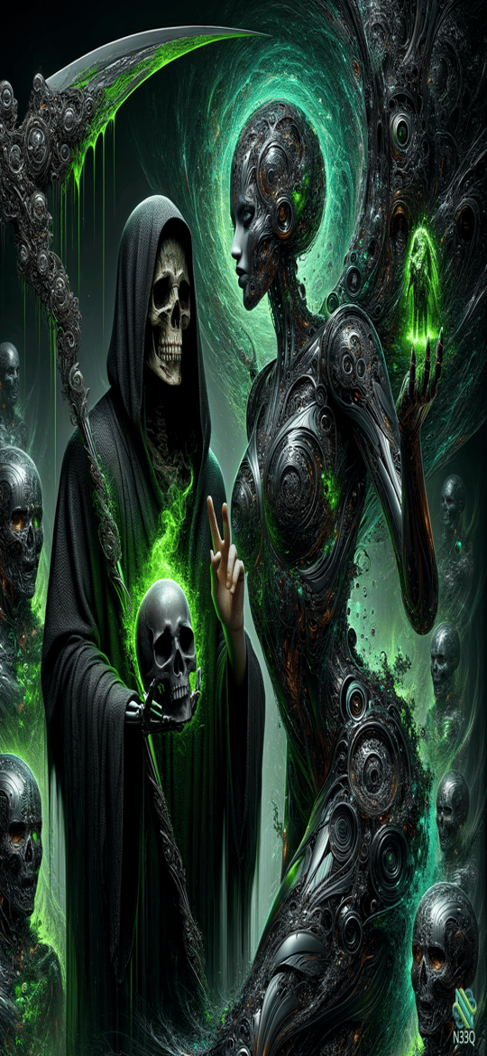 Grim Reaper Confronts Cyborg Woman Amid Skulls
