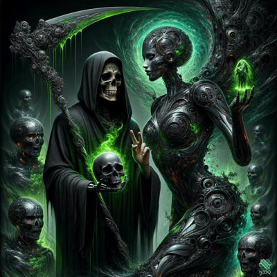 Grim Reaper Confronts Cyborg Woman Amid Skulls