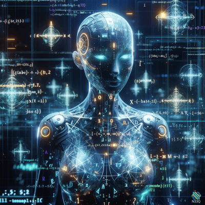Glowing Cybernetic Female Android Amid Equations