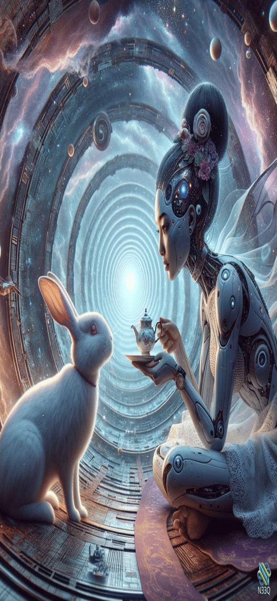Cyborg Serving Tea to Rabbit in Cosmic Tunnel