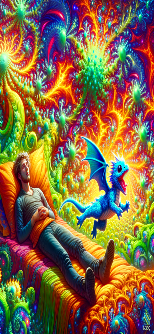 Man Resting with Flying Blue Dragon