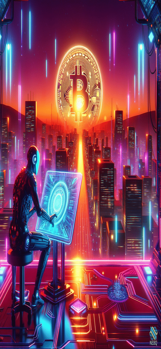 Robot at Holographic Terminal Under Bitcoin Symbol
