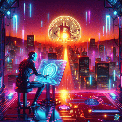 Robot at Holographic Terminal Under Bitcoin Symbol