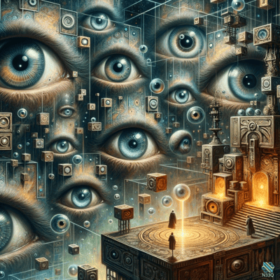 Surreal Blue Eyes Over Floating Temple
