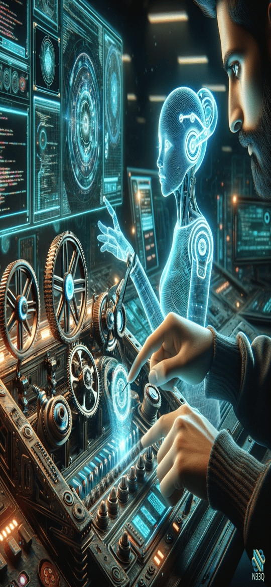 Man with Holographic Robot in Neon Control Room