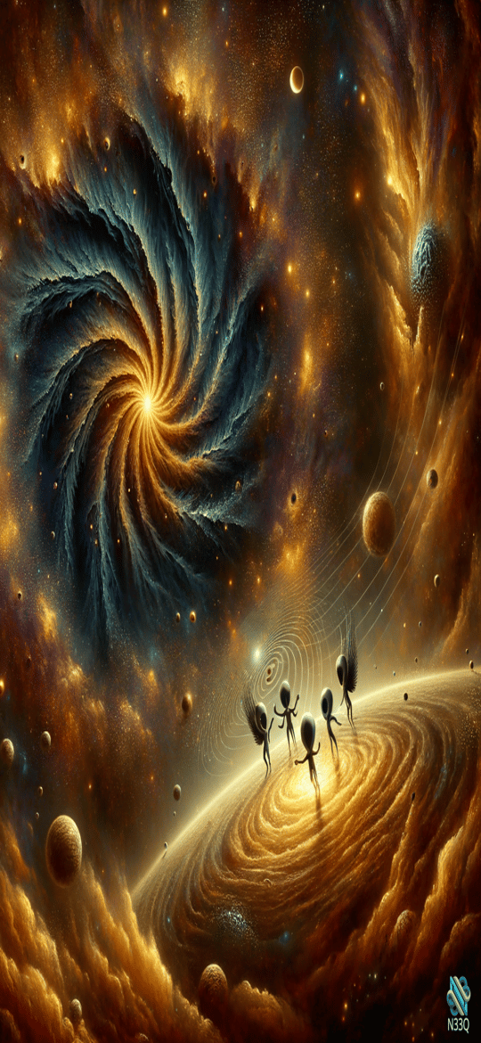 Winged Figures Dancing Over Cosmic Spiral