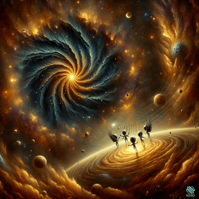 Winged Figures Dancing Over Cosmic Spiral