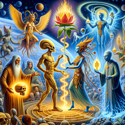 Cosmic Beings Surrounding Radiant Lotus Flower