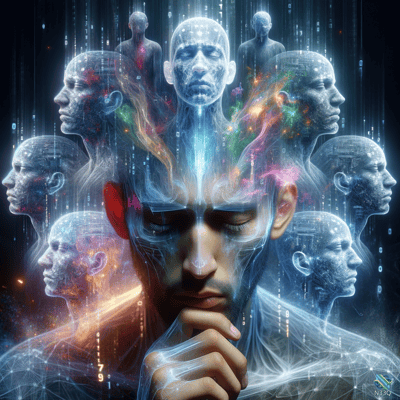 Contemplative Man Surrounded by Holographic Faces