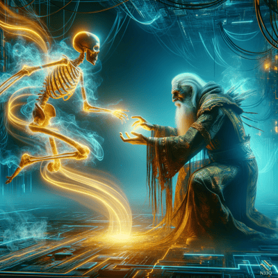 Glowing Skeleton Reaching to Bearded Wizard