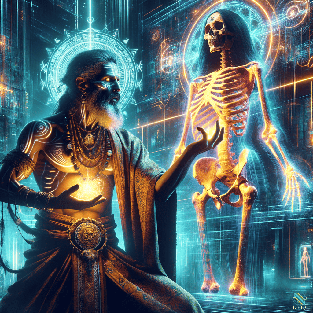 Mystic Shaman Conjuring Glowing Skeleton
