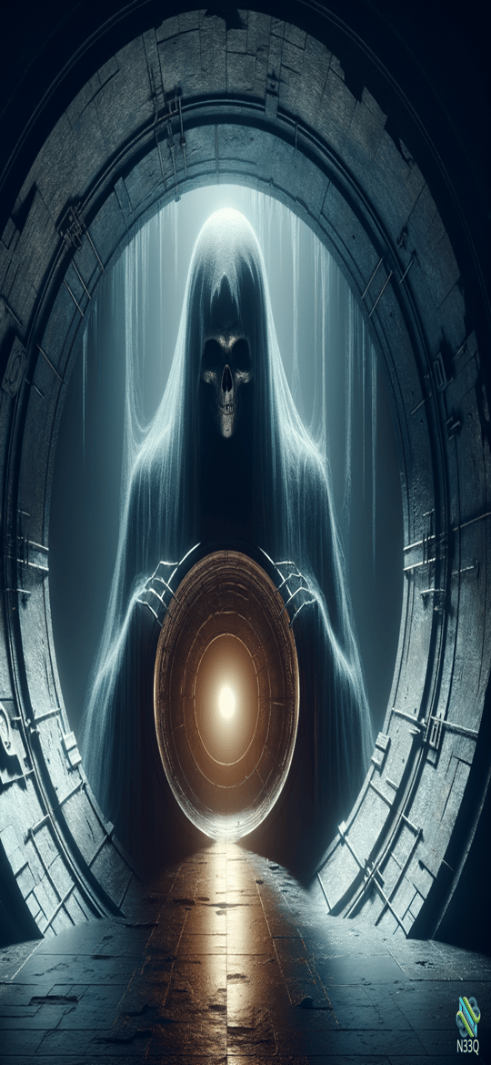 Ghostly Reaper Holding Glowing Portal in Stone Arch
