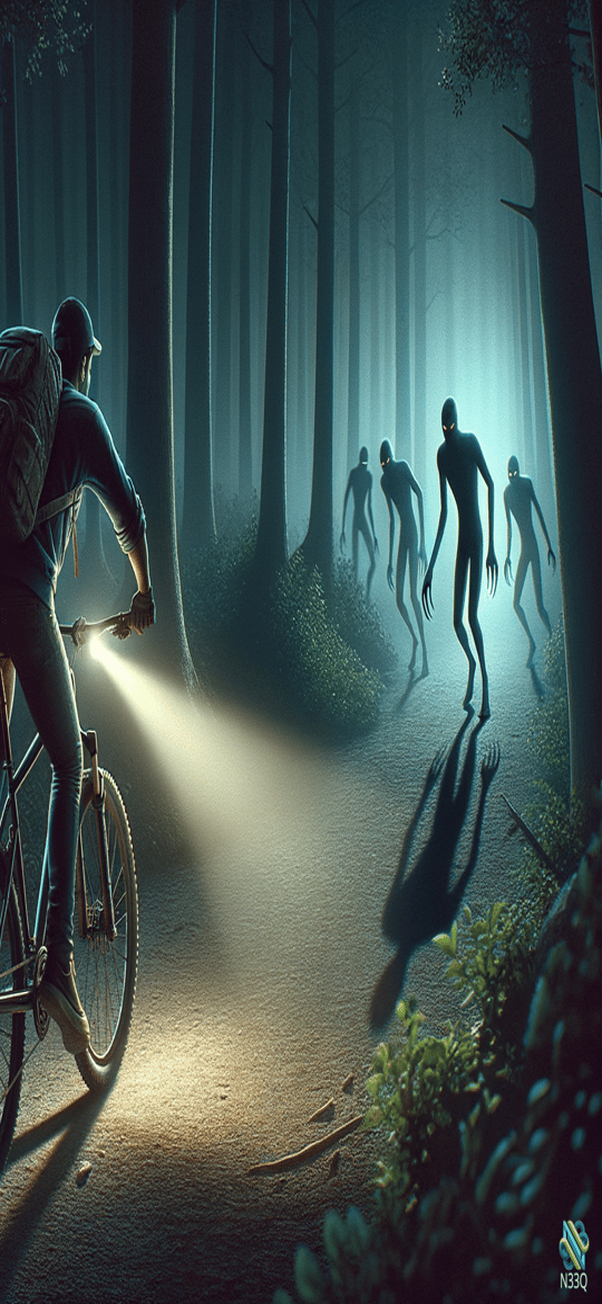 Cyclist Riding Through Misty Forest with Ghosts