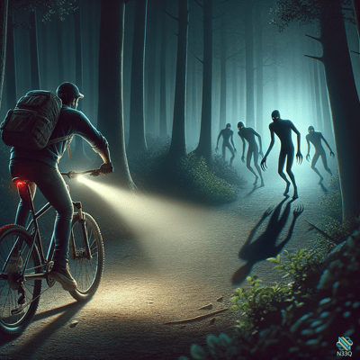 Cyclist Riding Through Misty Forest with Ghosts
