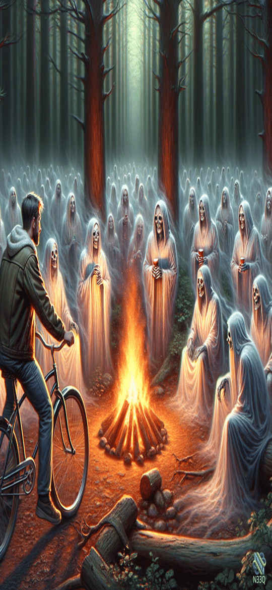 Cyclist Passing Ghosts at Forest Campfire
