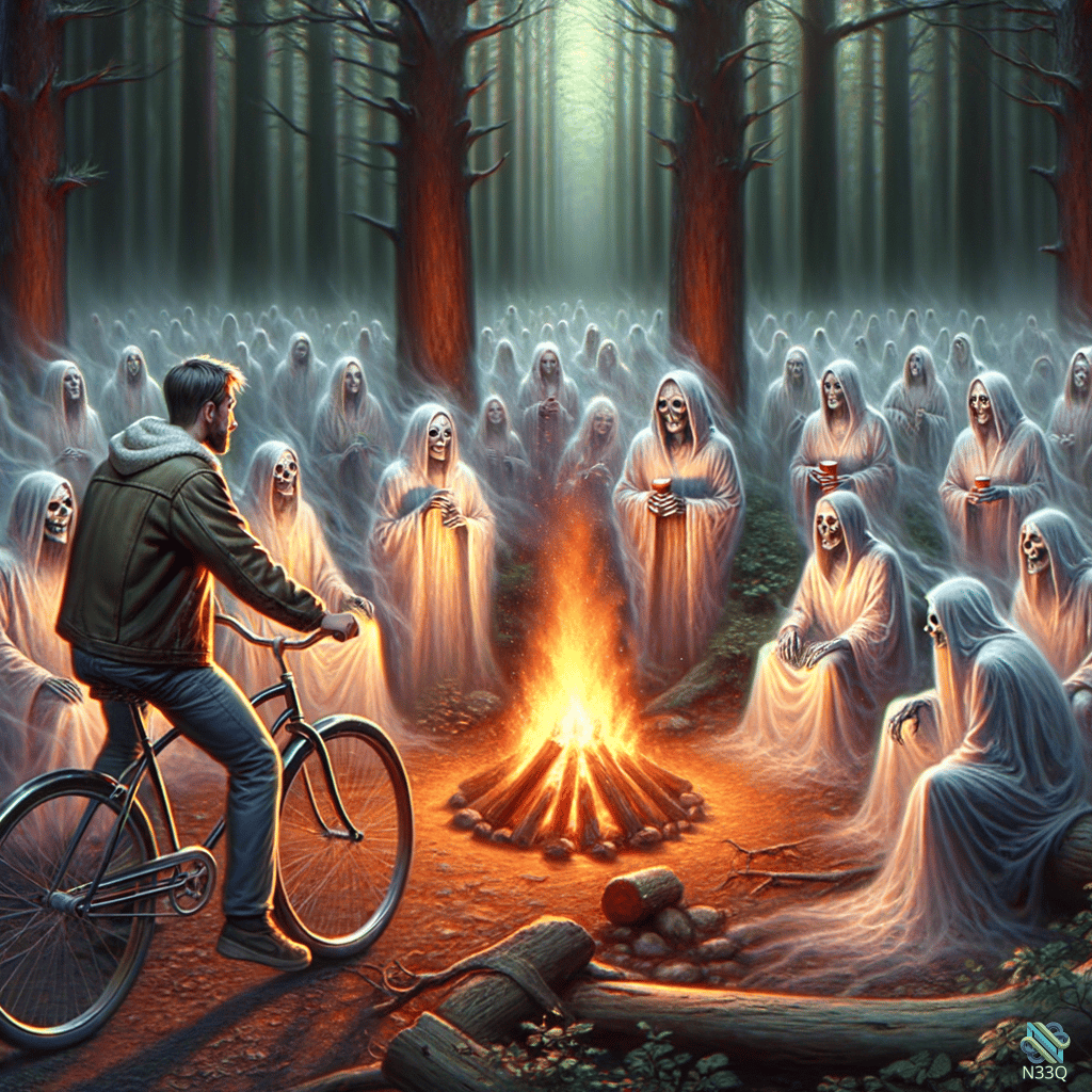 Cyclist Passing Ghosts at Forest Campfire
