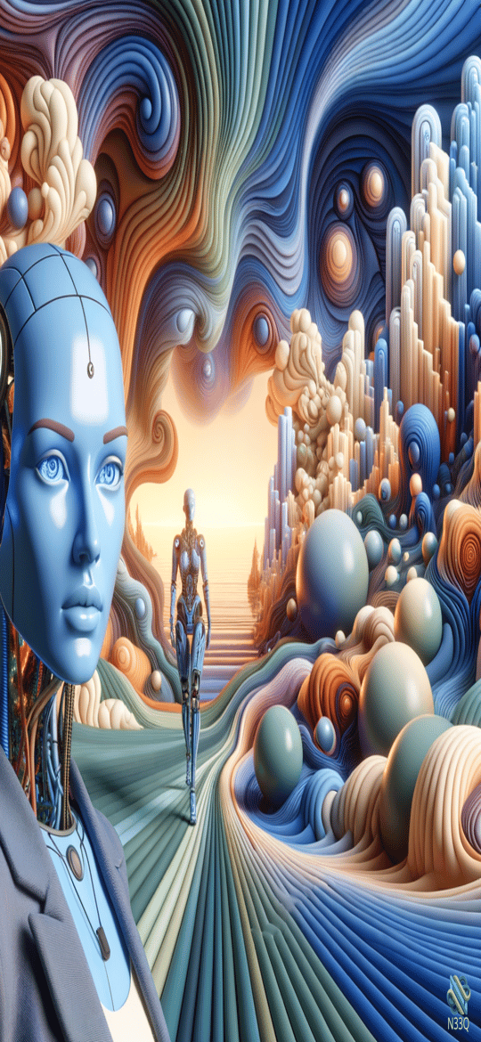 Blue Android in Swirling Futuristic Landscape