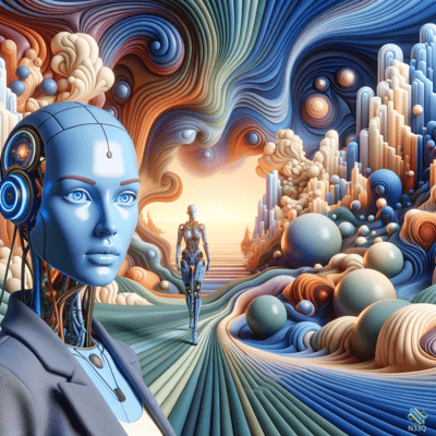Blue Android in Swirling Futuristic Landscape