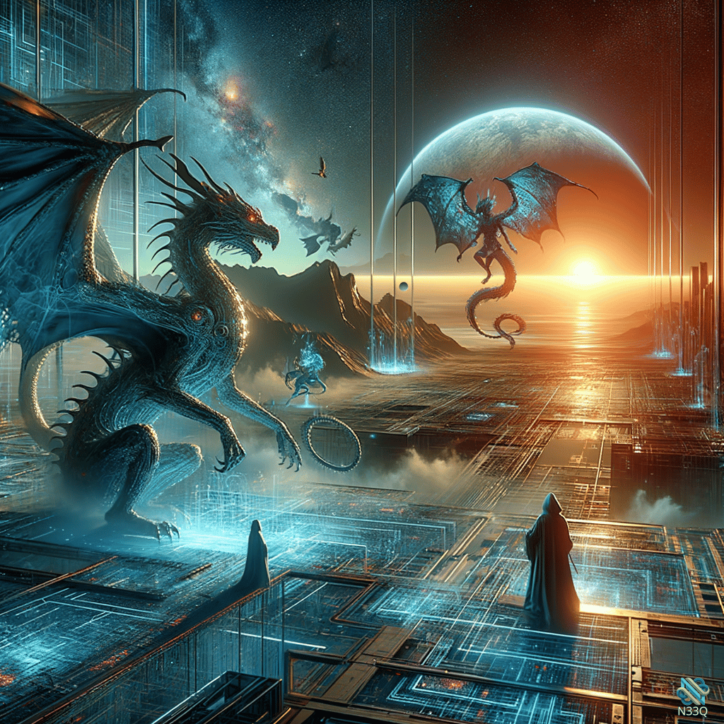 Dragons Over Futuristic Digital Cityscape at Sunset
