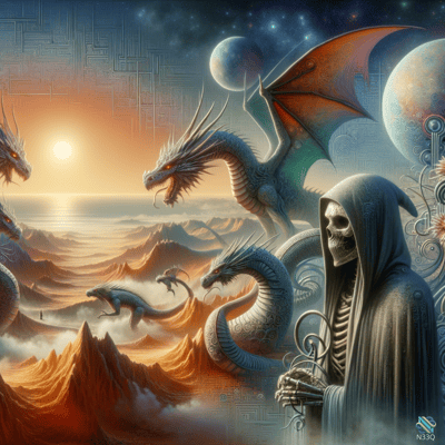 Hooded Skeleton and Dragons Over Mountain Landscape