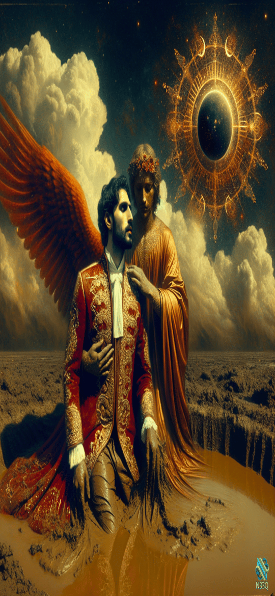 Fallen Angel Kneeling in Muddy Wasteland with Divine Guide