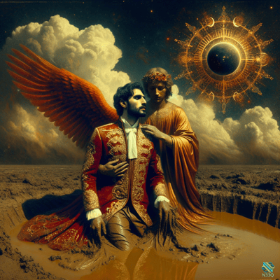 Fallen Angel Kneeling in Muddy Wasteland with Divine Guide
