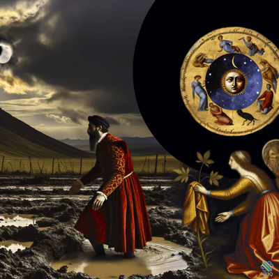 Renaissance Man Crossing Muddy Moonlit Field