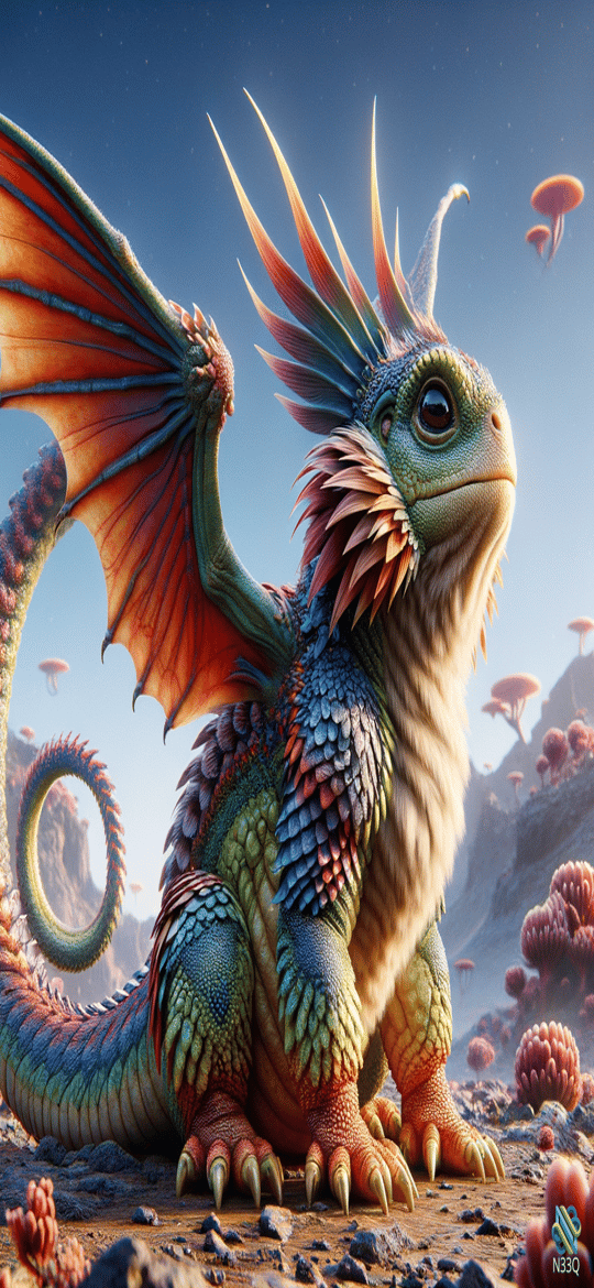 Colorful Winged Dragon in Alien Landscape