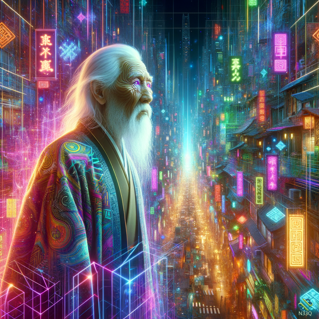 Elderly Sage in Neon Cyberpunk City