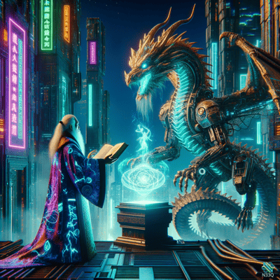 Elderly Wizard Facing Cybernetic Dragon in Neon City