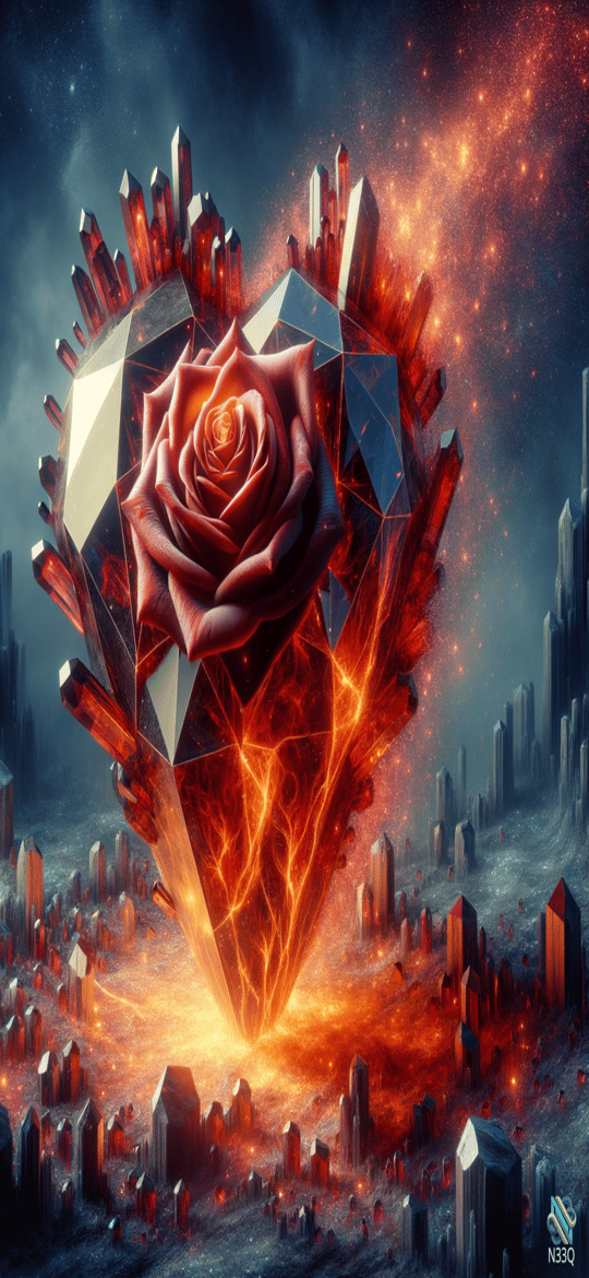 Fiery Crystal Heart Rose Above Futuristic City