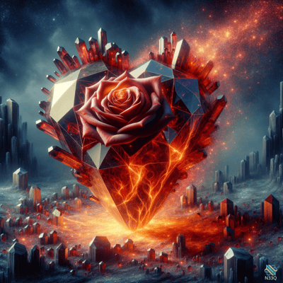 Fiery Crystal Heart Rose Above Futuristic City