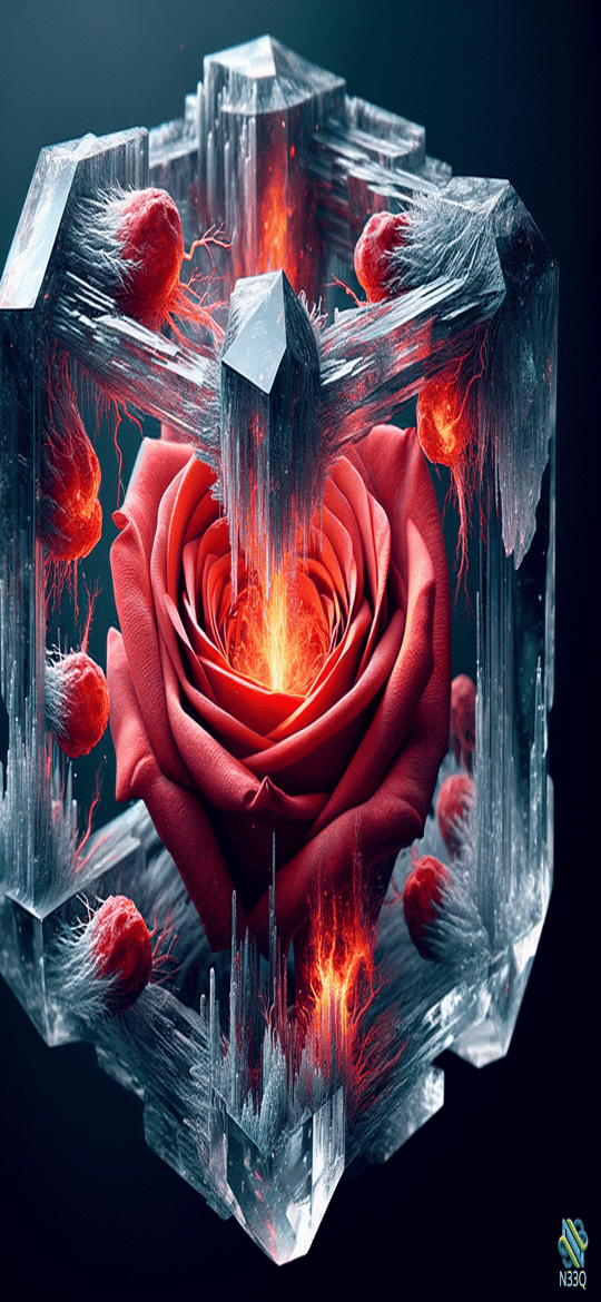 Red Rose Enclosed in Fractured Ice Crystal