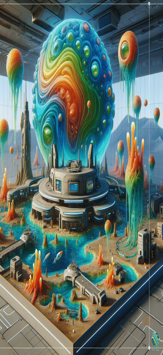 Rainbow Sphere Over Futuristic Aquatic Base