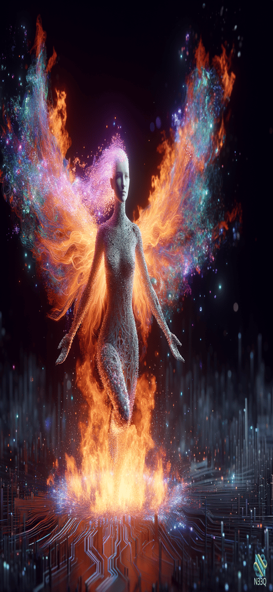 Cosmic Woman Rising from Digital Flames