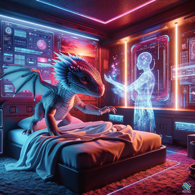 Dragon Reaching Toward Holographic Woman
