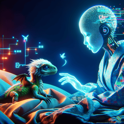 Cyborg Reaching Toward Small Green Dragon