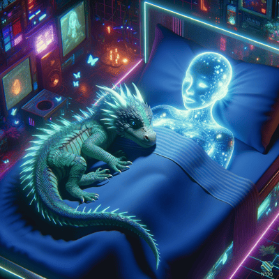 Green Dragon and Glowing Star Figure on Bed