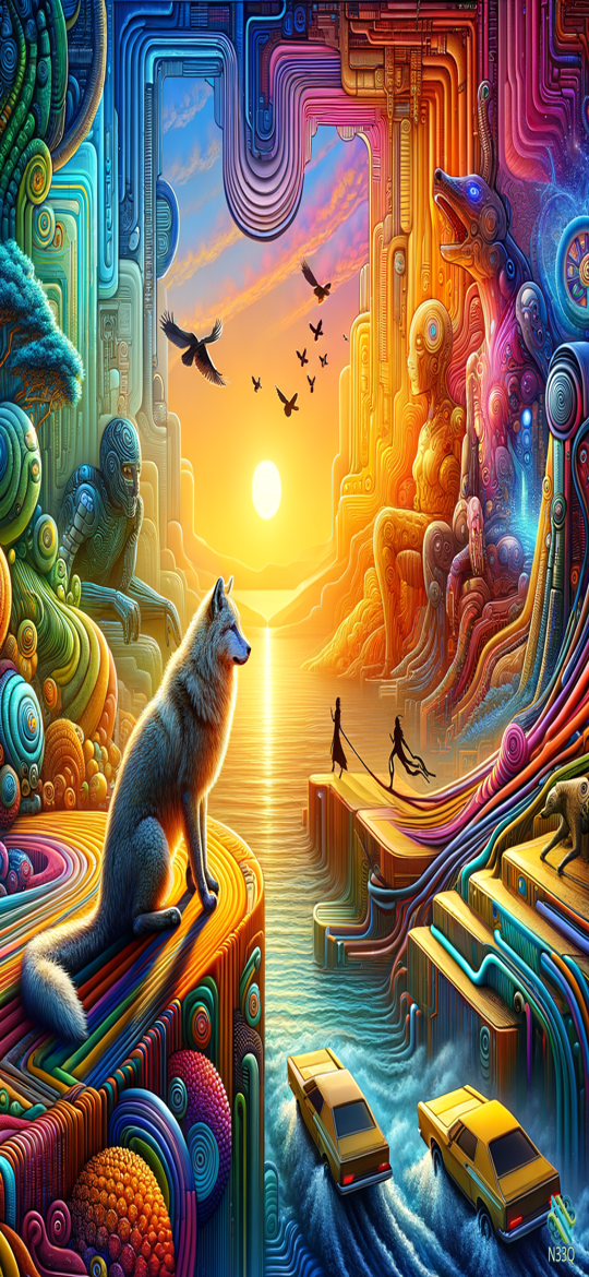 Wolf Overlooking Psychedelic Sunset Cityscape