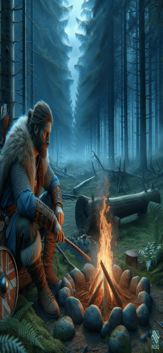 Viking Warrior by Campfire in Misty Forest