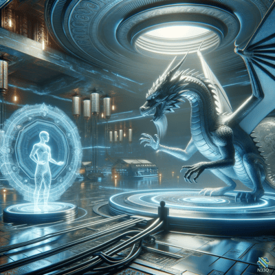 Silver Dragon and Holographic Figure in Futuristic Hall